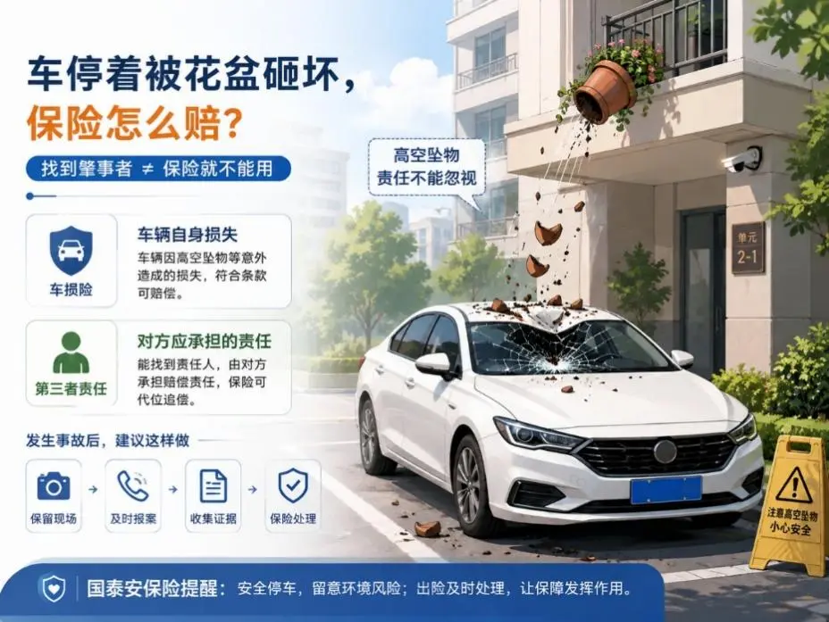 车停在楼下被花盆砸坏,车损险能不能赔?找到肇事者后又该谁赔?(图1) 车停在楼下被花盆砸坏,车损险能不能赔?找到肇事者后又该谁赔?(图1)