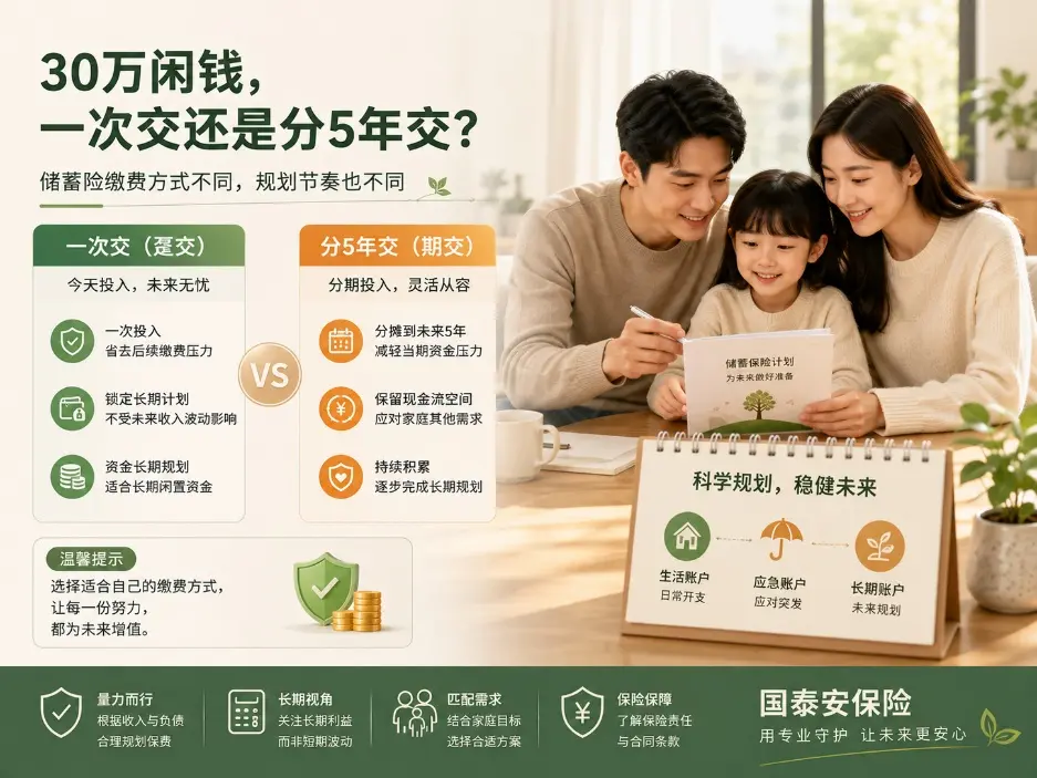 手里有30万元闲钱，储蓄险一次交完还是分5年交？区别不只是“早交晚交”(图1)