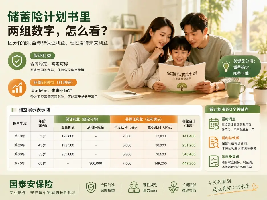 储蓄险计划书上有两组数字,为什么一组“保证”,另一组却只能参考?(图1) 储蓄险计划书上有两组数字,为什么一组“保证”,另一组却只能参考?(图1)