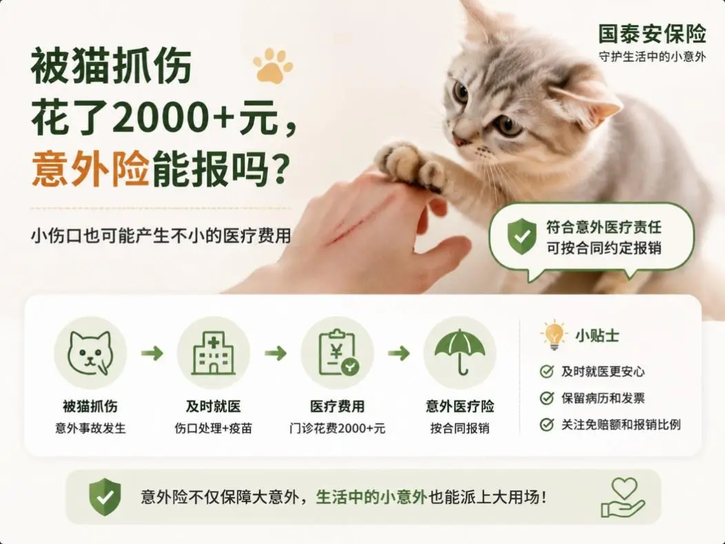 被朋友家的猫抓了一道小口子，打针花了2000多元，意外险能报吗？(图1)