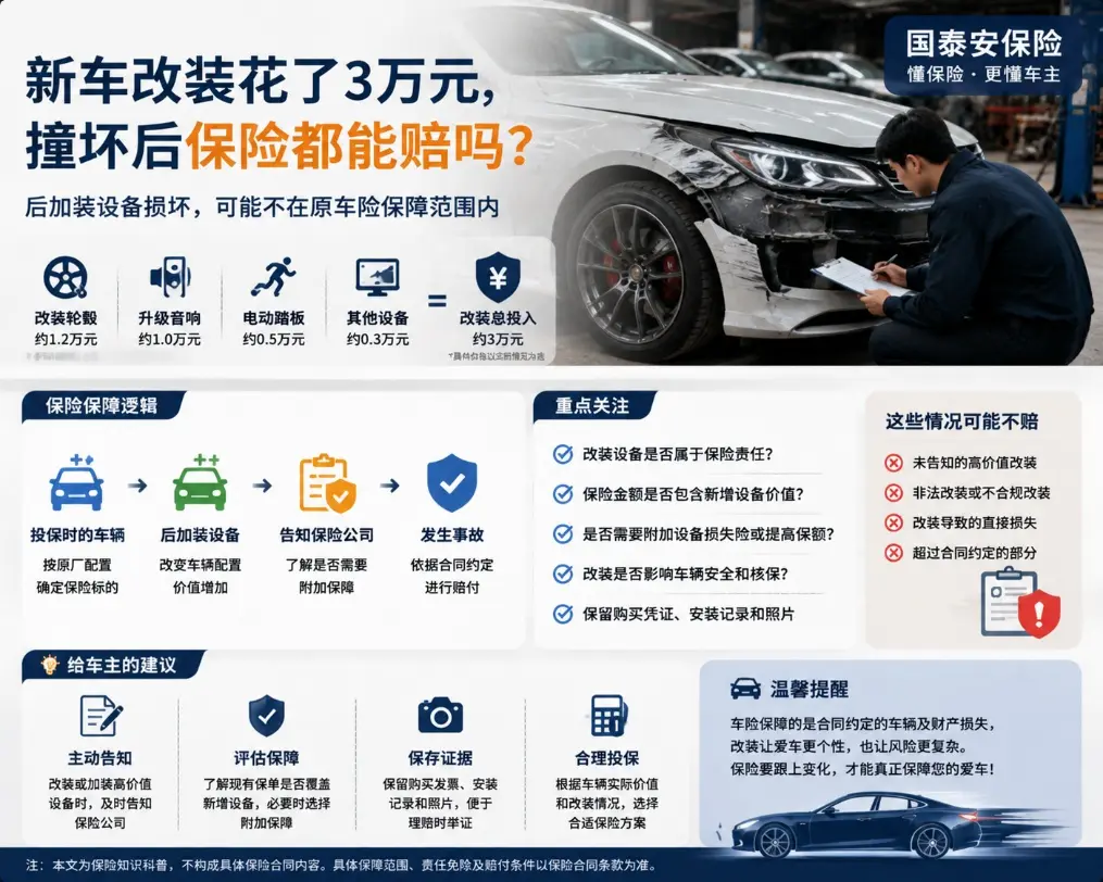 新车又花3万元改轮毂和音响，撞坏以后才发现：装在车上的东西，不一定都按原车算(图1)